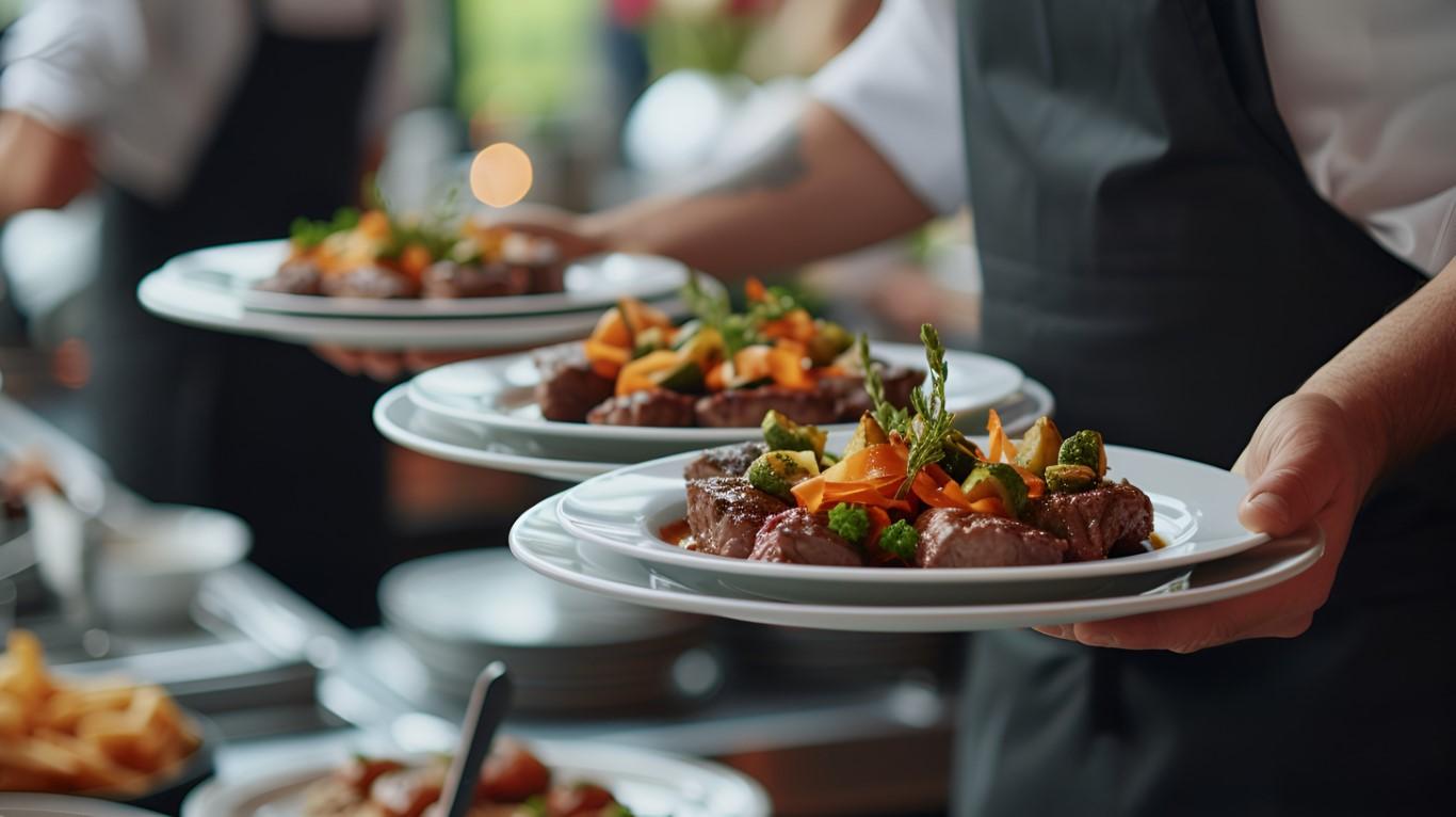 Chef servant un plat gastronomique sur assiette noire